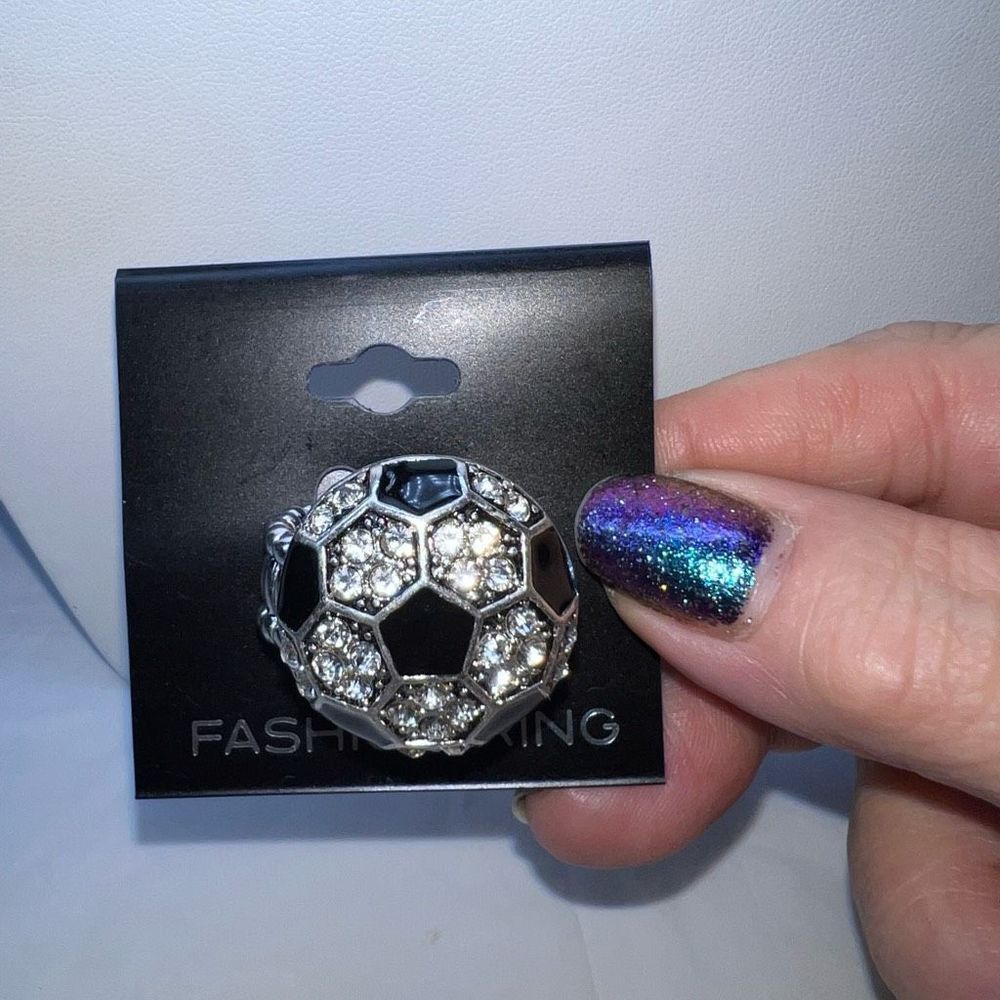 Ladies Black With Clear Rhinestone Soccer Stretch Ring - Picture 2 of 6